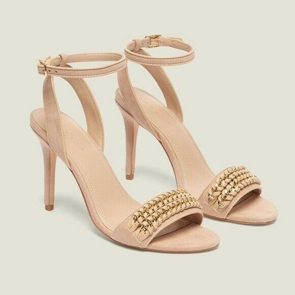 Sandro Paris NEW Suede Stiletto Sandals Nude FR 40 US 9 Chain Ankle Strap Heels.